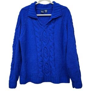 Basic Editions Sweater Womens XL Marine Blue Chenille Cable Knit V Neck Collared